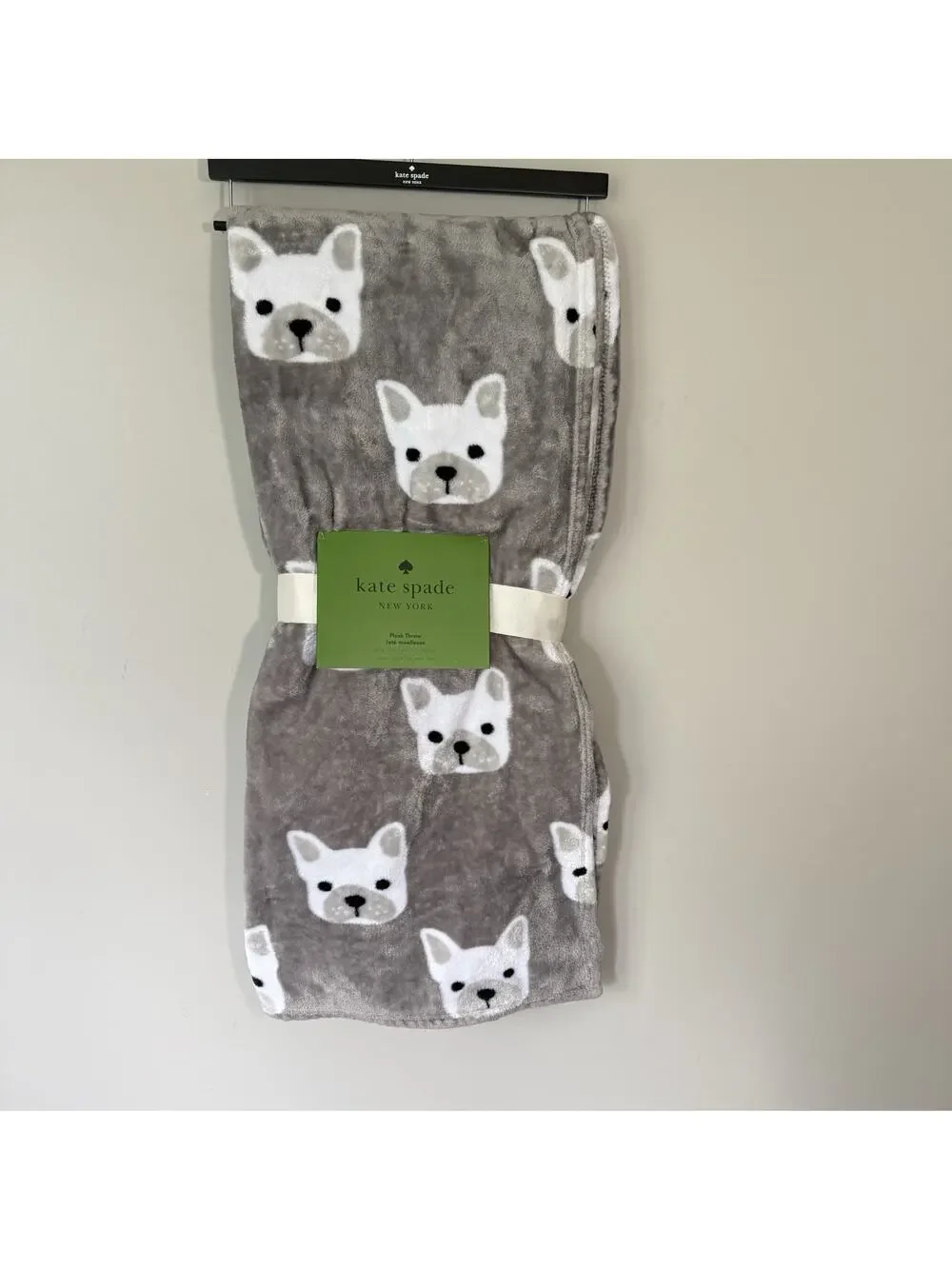 Kate Spade Plush Fleece Throw Blanket Gray French Bulldog Prints 60” X 70” New